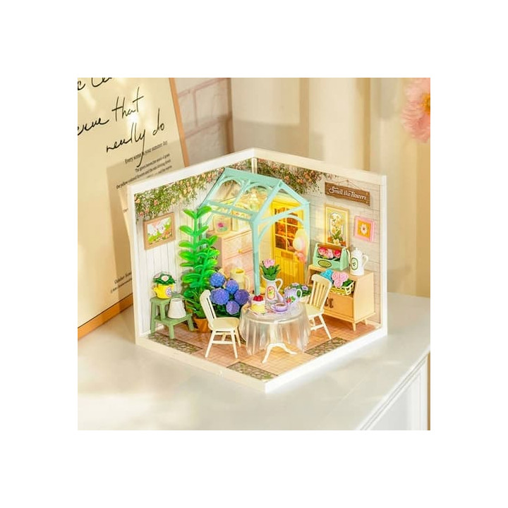 RoboTime Miniatura domečku Posezení s čajem v kvetoucí zahradě