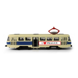 Kovová česká retro tramvaj modrá 16 cm PRAGUE otevírací dveře