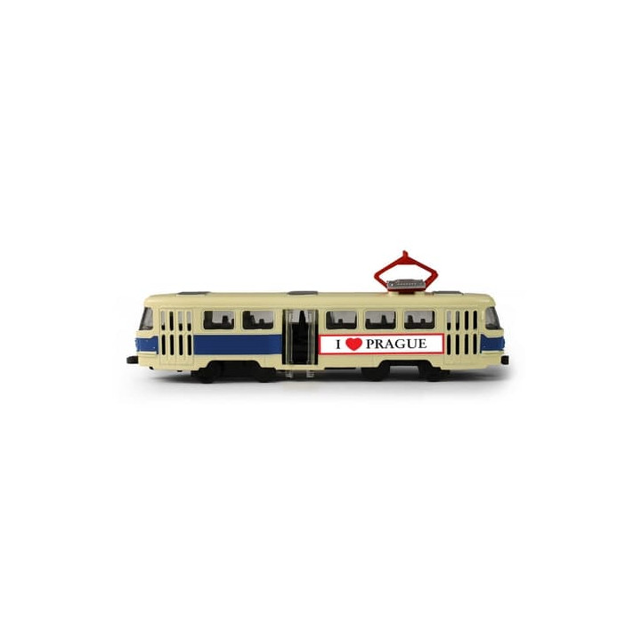 Kovová česká retro tramvaj modrá 16 cm PRAGUE otevírací dveře