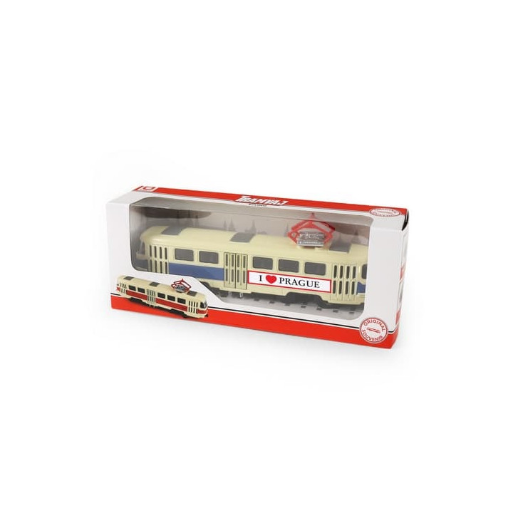 Kovová česká retro tramvaj modrá 16 cm PRAGUE otevírací dveře