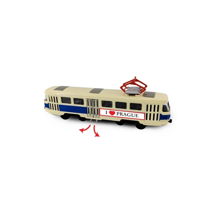 Kovová česká retro tramvaj modrá 16 cm PRAGUE otevírací dveře
