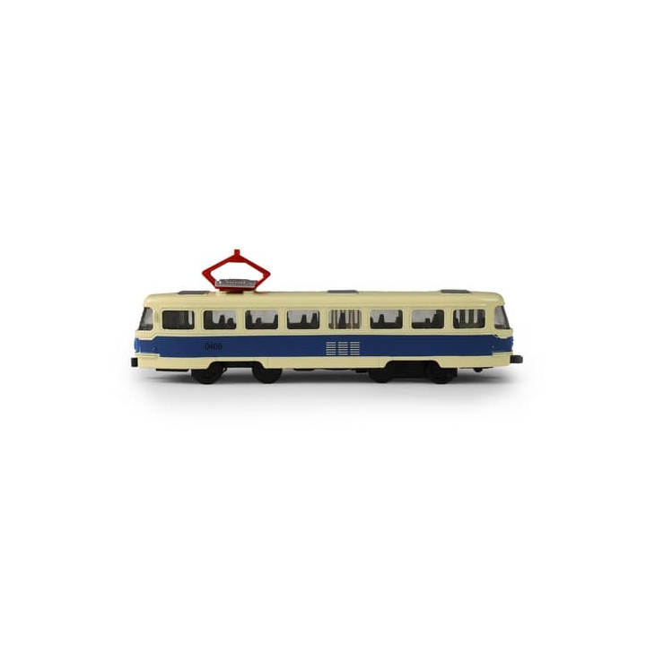 Kovová česká retro tramvaj modrá 16 cm PRAGUE otevírací dveře
