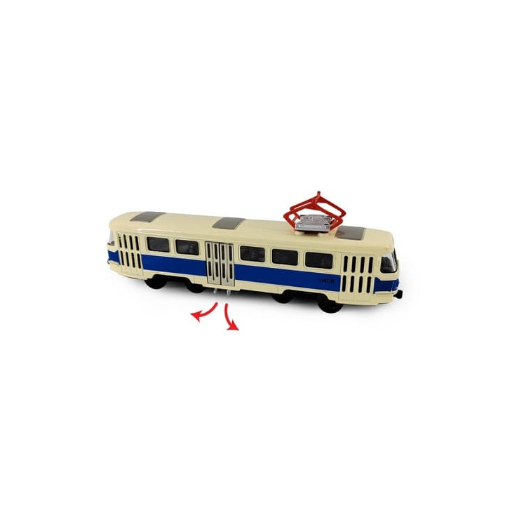 Kovová česká retro tramvaj modrá 16 cm-otevírací dveře