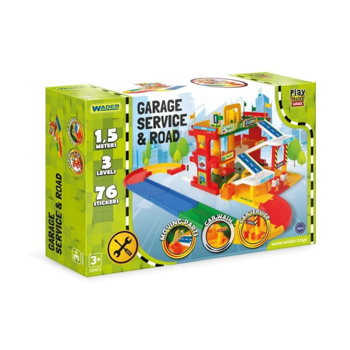 Garáž servis 3 patra + dráha 1,5m + 2 auta plast Wader