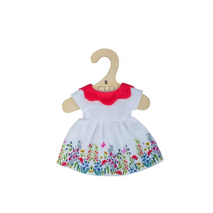 Bigjigs Toys Bílé květinové šaty s červeným límečkem pro panenku 28 cm