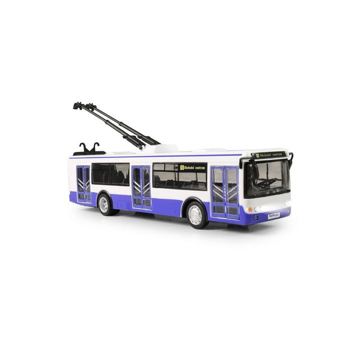 Trolejbus který hlásí zastávky česky 28 cm modrý