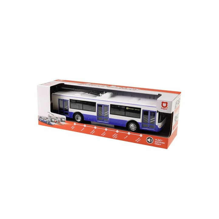 Trolejbus který hlásí zastávky česky 28 cm modrý