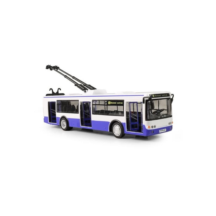 Trolejbus který hlásí zastávky česky 28 cm modrý