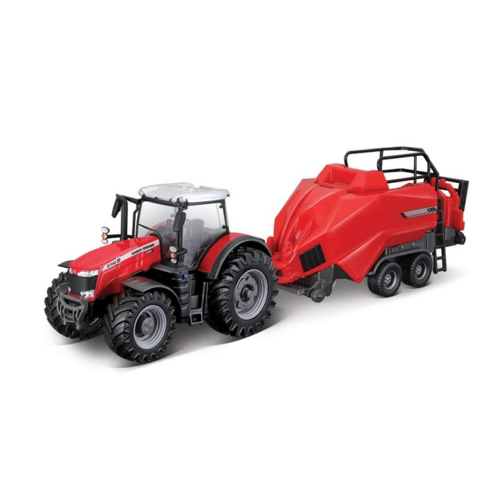 Bburago - FARMLAND, Massey Ferguson 8740S s balíkovačkou, 10 cm
