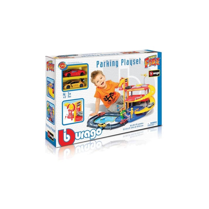 Bburago - STREET FIRE, Parkovací herní sada – garáž se dvěma autíčky, 1:43