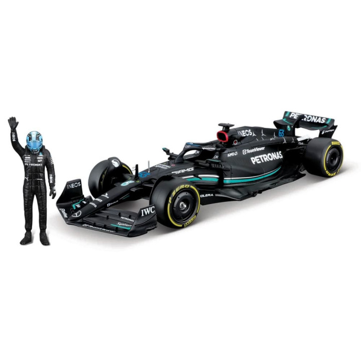 Bburago - RACE Formule F1 s figurkou jezdce, Mercedes-AMG W14 E Performance (2023)  63 Russell, 1:24