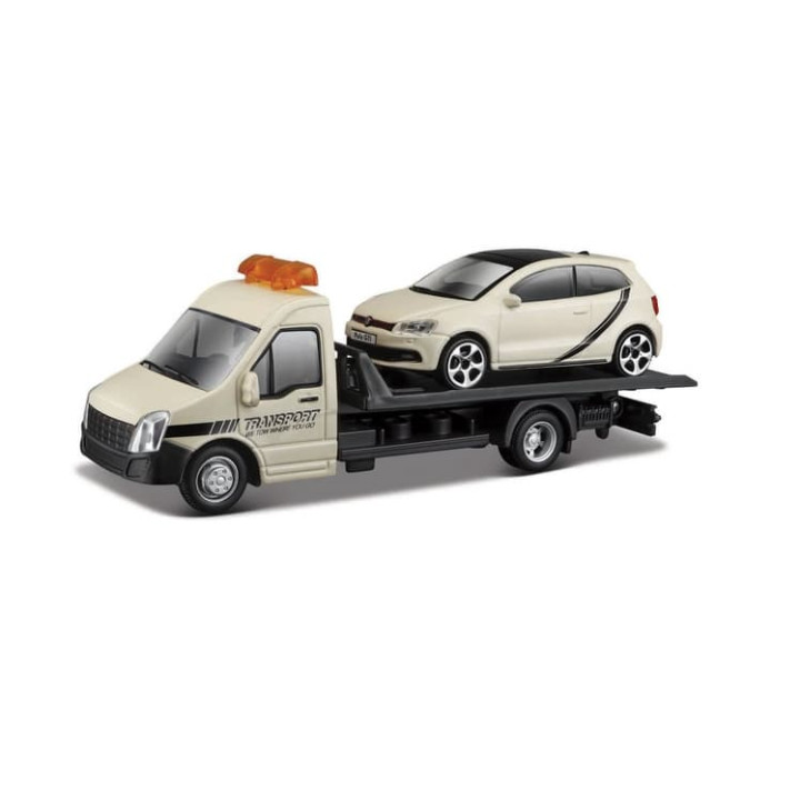 Bburago – STREET FIRE, Přepravní vozidlo Flatbed Transport + VW Polo GTI Mark 5, 1:43