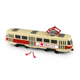 Kovová česká retro tramvaj červená 16 cm PRAGUE otevírací dveře