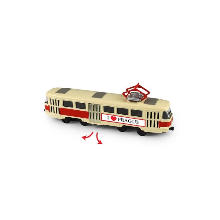 Kovová česká retro tramvaj červená 16 cm PRAGUE otevírací dveře