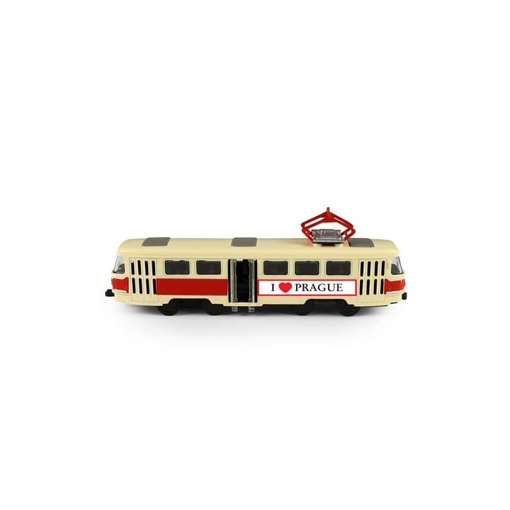 Kovová česká retro tramvaj červená 16 cm PRAGUE otevírací dveře