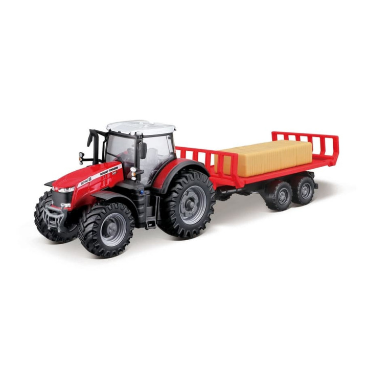 Bburago - FARMLAND, Messey Ferguson 8740S s přívěsem na balíky, 10 cm