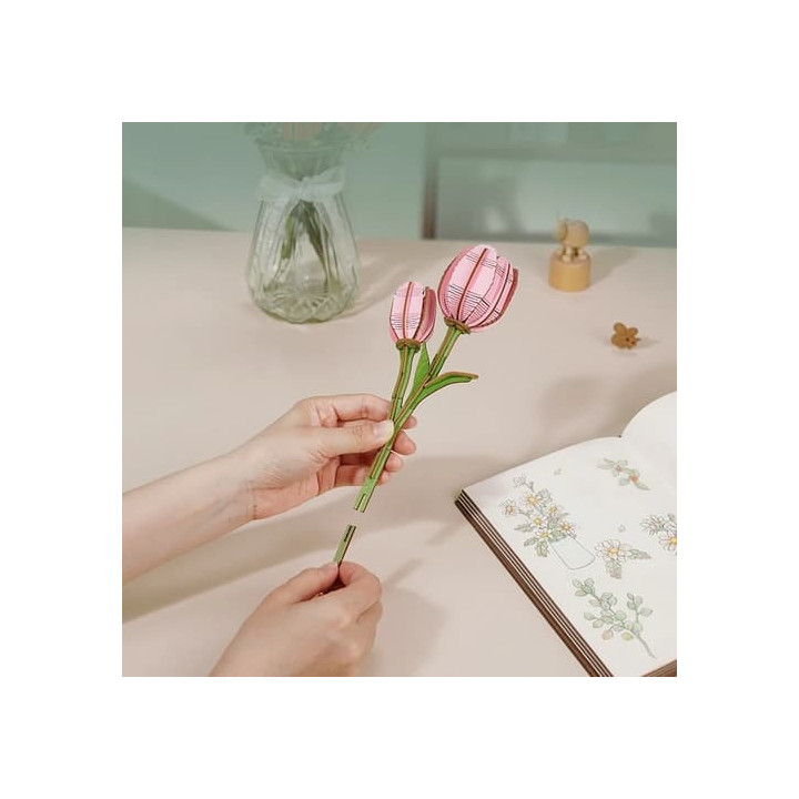 RoboTime 3D dřevěná skládačka Růžový tulipán
