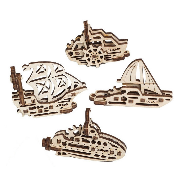 Ugears 3D dřevěné mechanické puzzle 4 mechanické přívěšky Plavidla