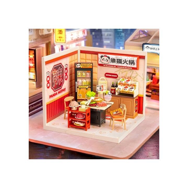 RoboTime 3D dřevěná skládačka Miniatura domečku Asijské bistro Panda Hot Pot