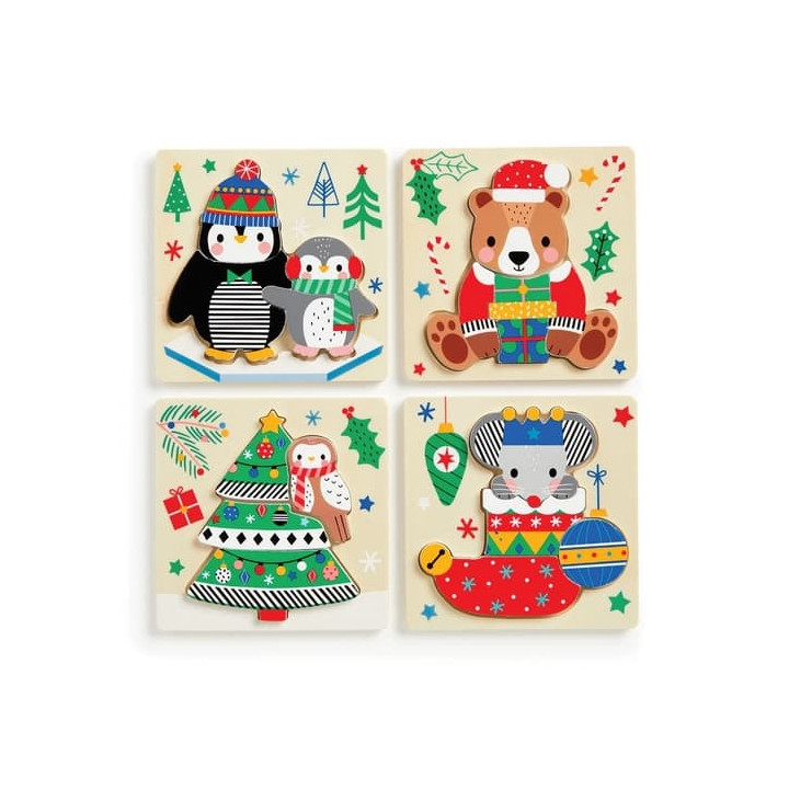 Mudpuppy Dřevěné puzzle sada 4 puzzle Vánoce