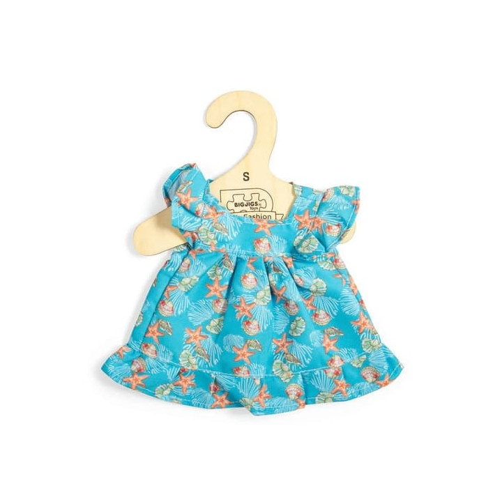Bigjigs Toys Modré šaty s mušlemi pro panenku 28 cm