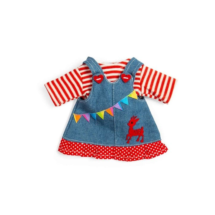 Bigjigs Toys Džínové šaty s laclem a pruhovaným tričkem pro panenku 28 cm