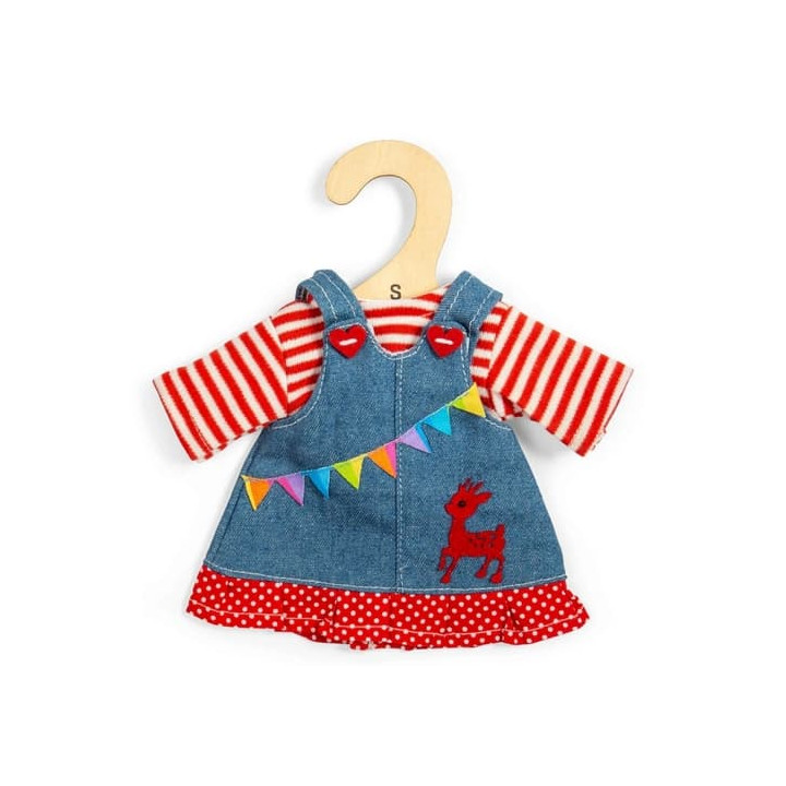 Bigjigs Toys Džínové šaty s laclem a pruhovaným tričkem pro panenku 28 cm