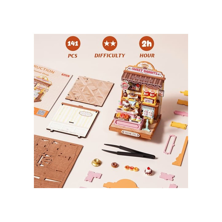 RoboTime 3D dřevěná skládačka Miniatura domečku Obchod s donuty