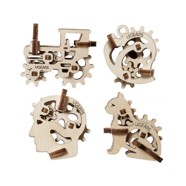 Ugears 3D dřevěné mechanické puzzle 4 mechanické přívěšky Charakterové symboly