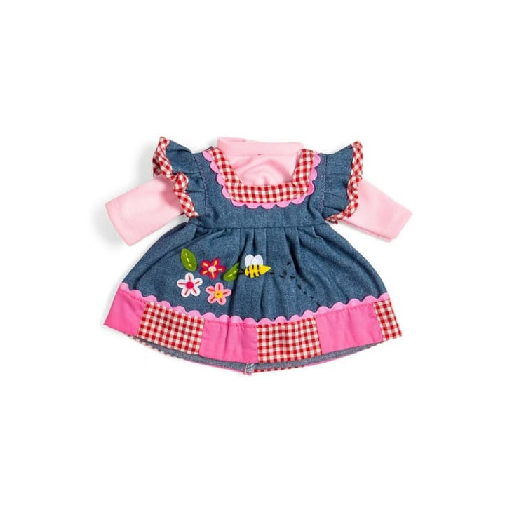 Bigjigs Toys Džínové šaty s růžovým lemem pro panenku 34 cm