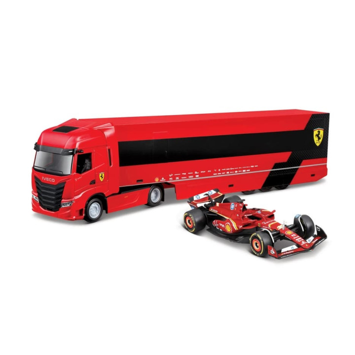 Bburago – RACE Tahač s návěsem Iveco S Way + F1 Ferrari SF-24 (2024),  16 Charles Leclerc, 1:43
