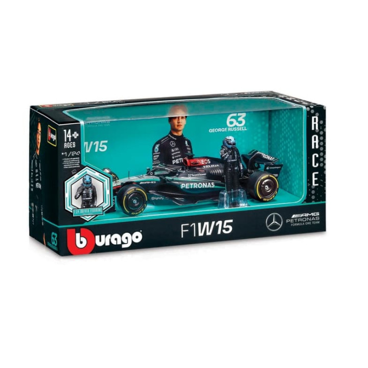Bburago - RACE F1 s figurkou jezdce, Mercedes-AMG Petronas W15 (2024),  63 George Russell, 1:24