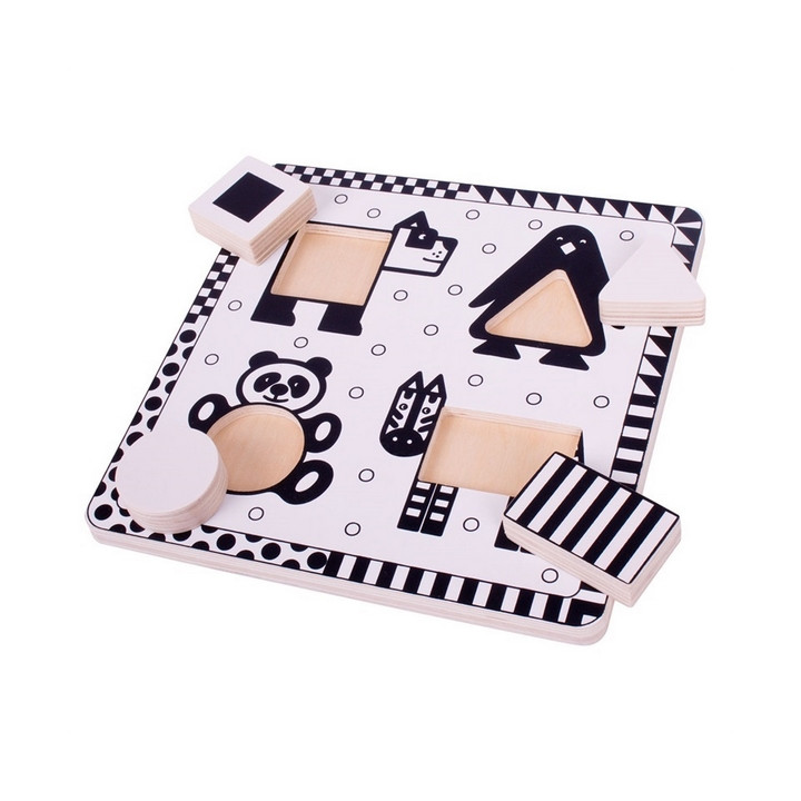 Bigjigs Toys Dřevěné vkládací puzzle černobílé tvary 1