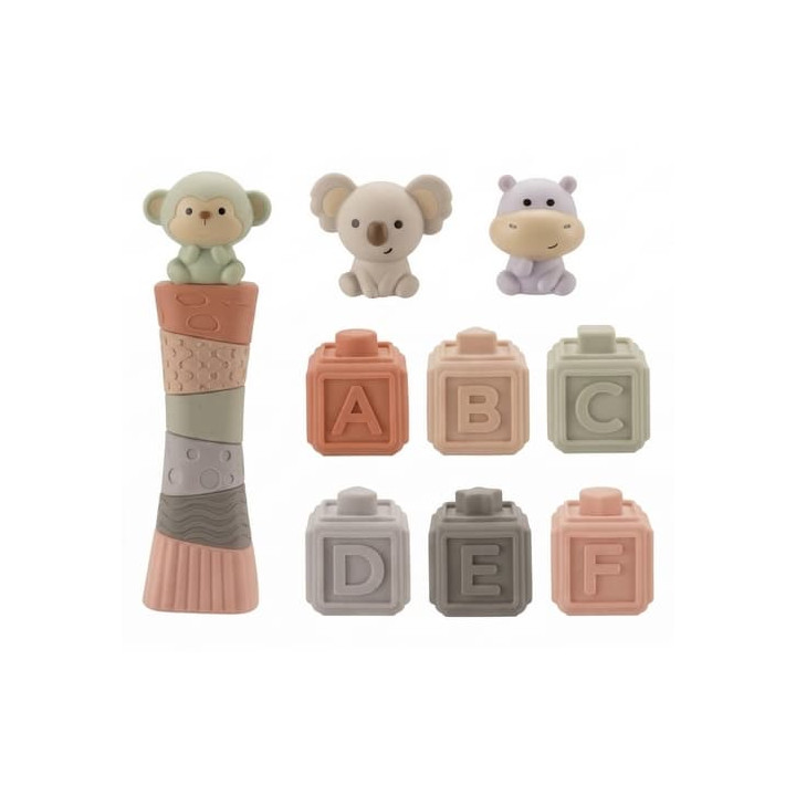 Měkké senzorické kostky se zvířátky a skládací věží