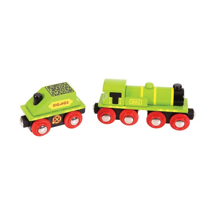Bigjigs Rail Zelená lokomotiva s tendrem + 3 koleje