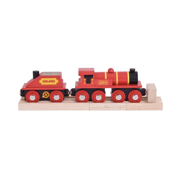 Bigjigs Rail Červená lokomotiva s tendrem + 3 koleje