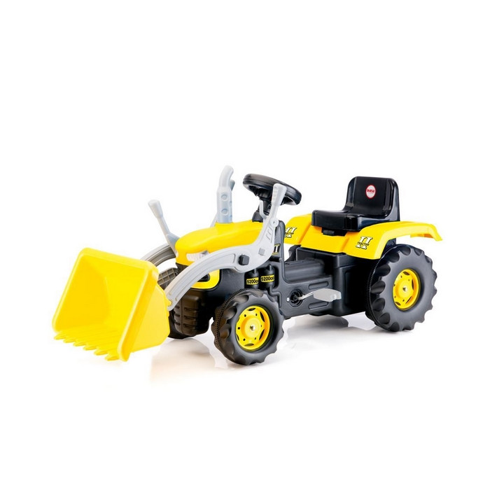 Velký šlapací traktor s rypadlem, žlutý