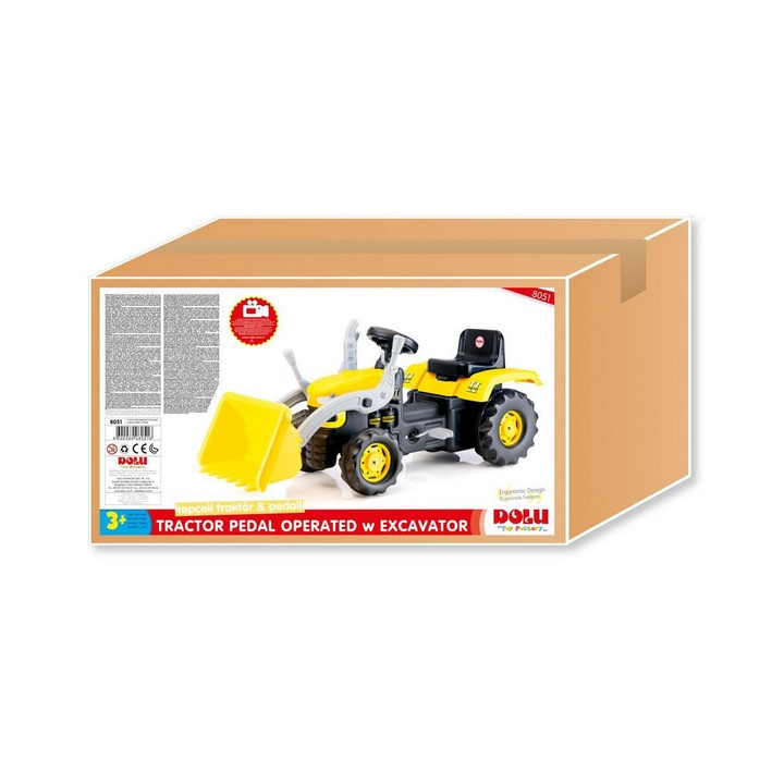 Velký šlapací traktor s rypadlem, žlutý