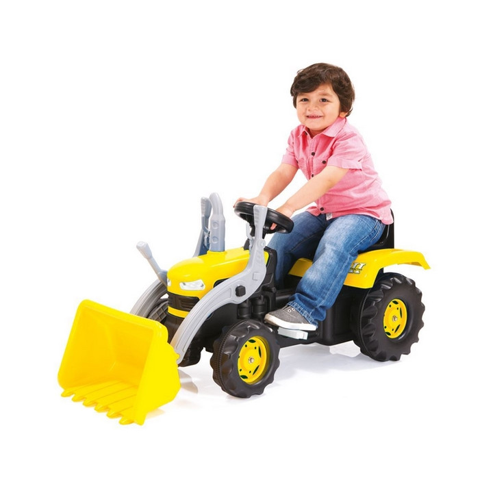 Velký šlapací traktor s rypadlem, žlutý