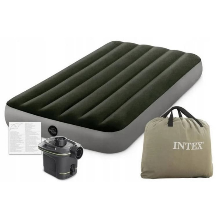 Intex 64777 Nafukovací postel Dura-Beam Twin Prestige 99x191x25cm s ruční pumpou na baterie